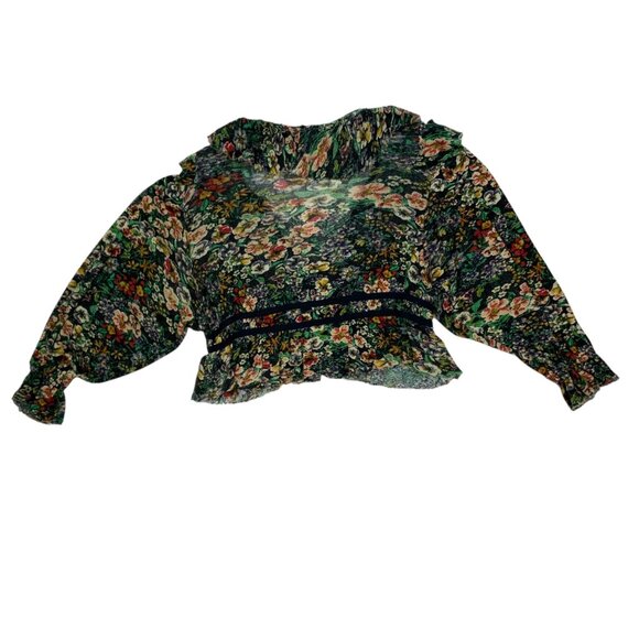 Free People Rudi Ruffle Top M Night Garden Ruffle Floral V-Neck Cropped Mosscore - Picture 10 of 11